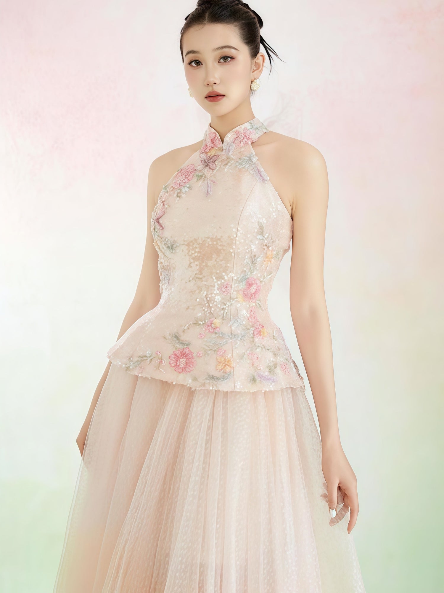 Blush Embroidered Halter Tulle Midi Dress