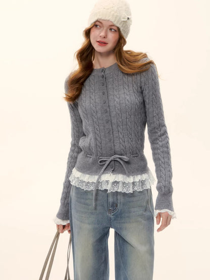 Cable Knit Lace-Hem Drawstring Sweater
