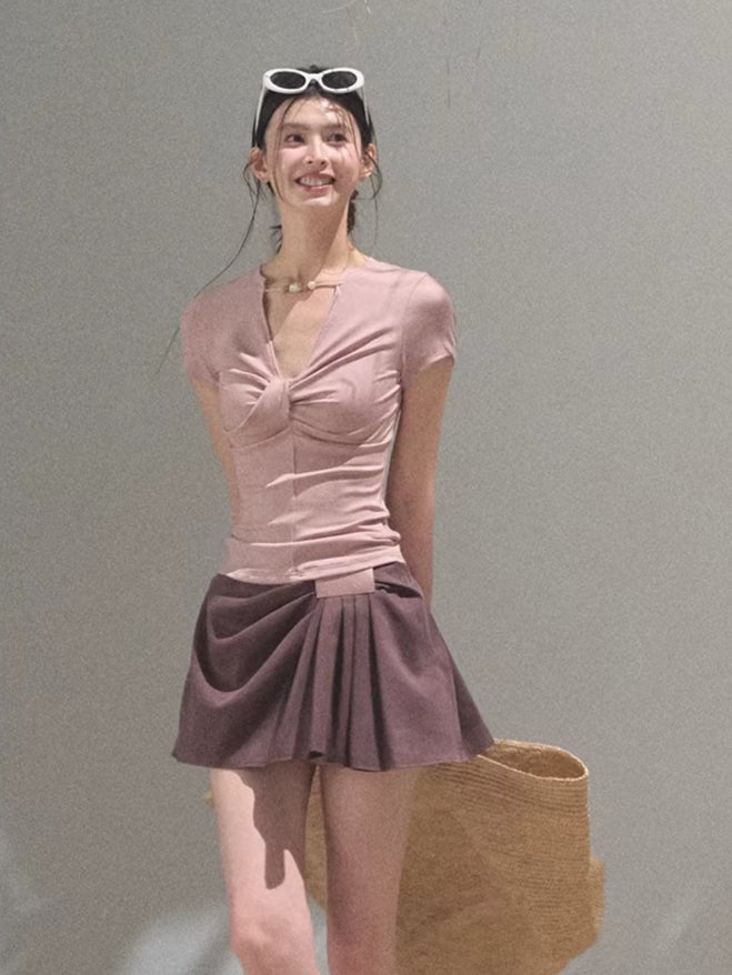 Leather Patch Lyocell–Linen A-Line Skirt