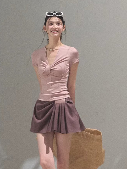 Leather Patch Lyocell–Linen A-Line Skirt