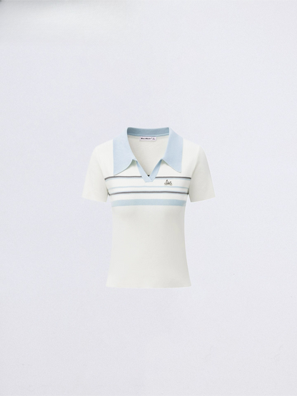 Striped Contrast Collar Ice Silk Polo Top