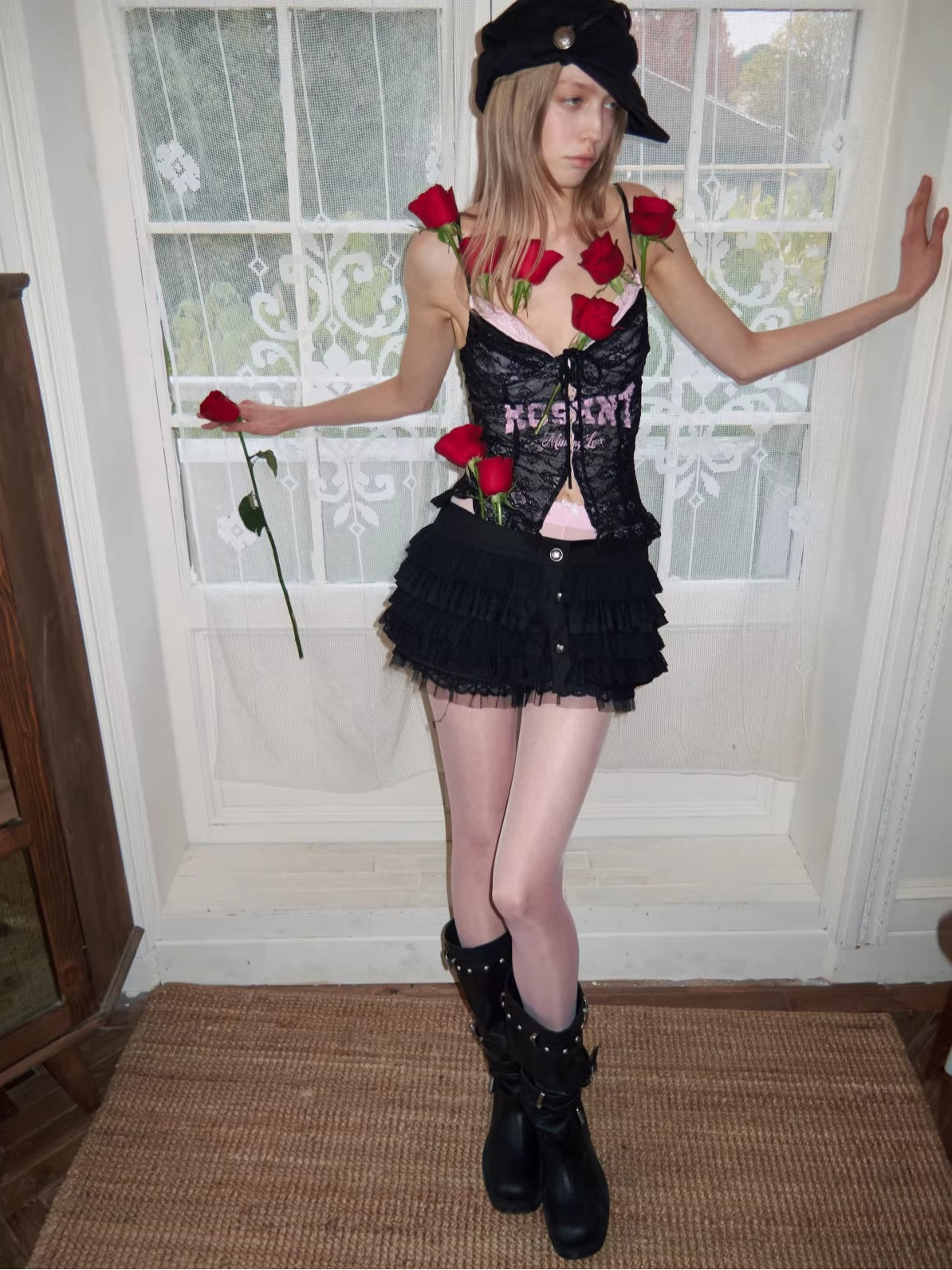 Lace-Up Letter Print Corset Camisole