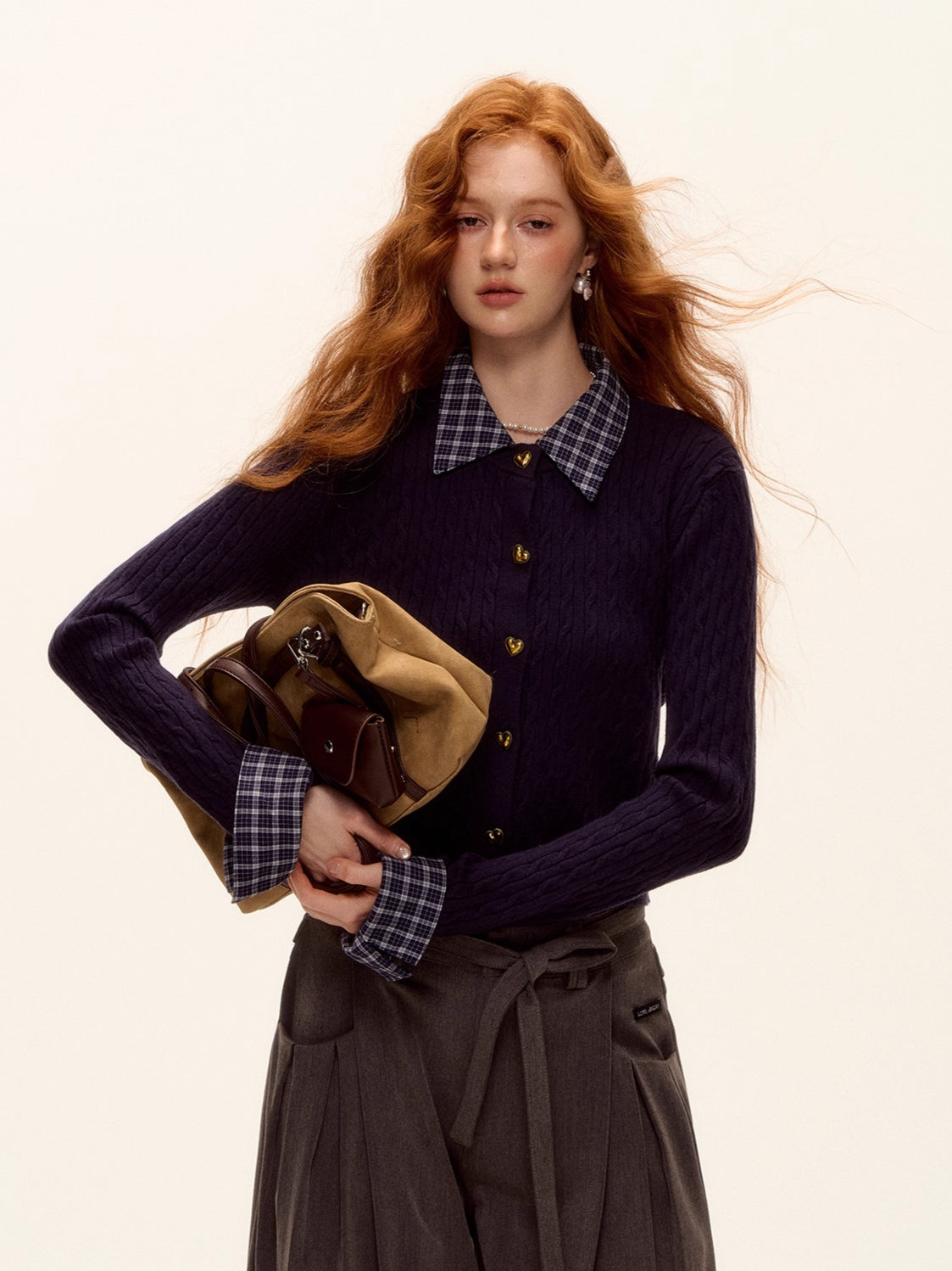 Wool Blend Plaid Patchwork Cable Knit Cardigan