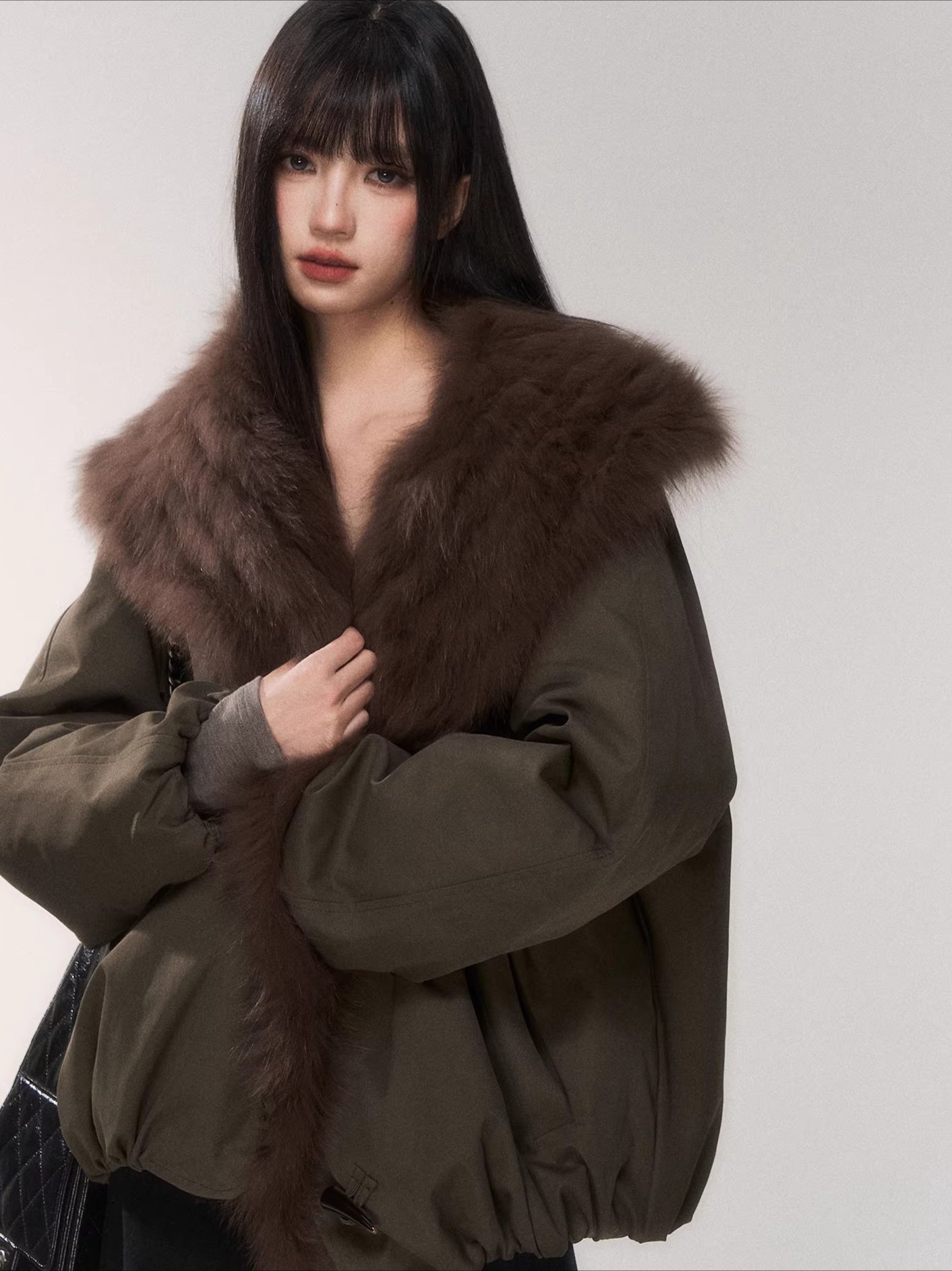 Fur Collar Goose Down Cropped Puffer Jacket