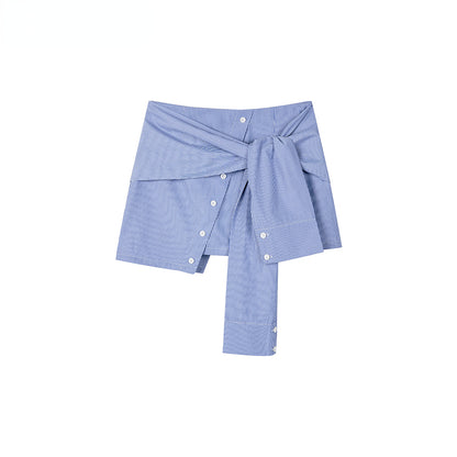 White &amp; Blue Patchwork Belted Irregular Skirt