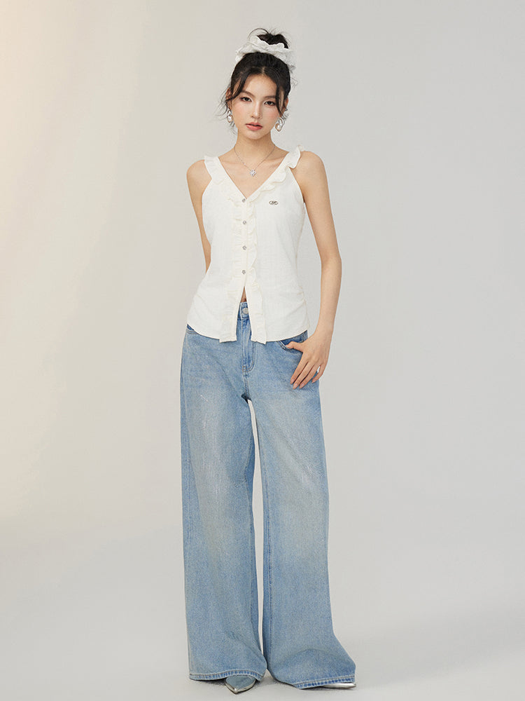 V-neck Lace Ruffled Vest - CHINASQUAD