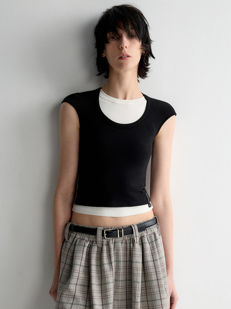 Deep U-Neck Ruffled Short Sleeve T-shirt