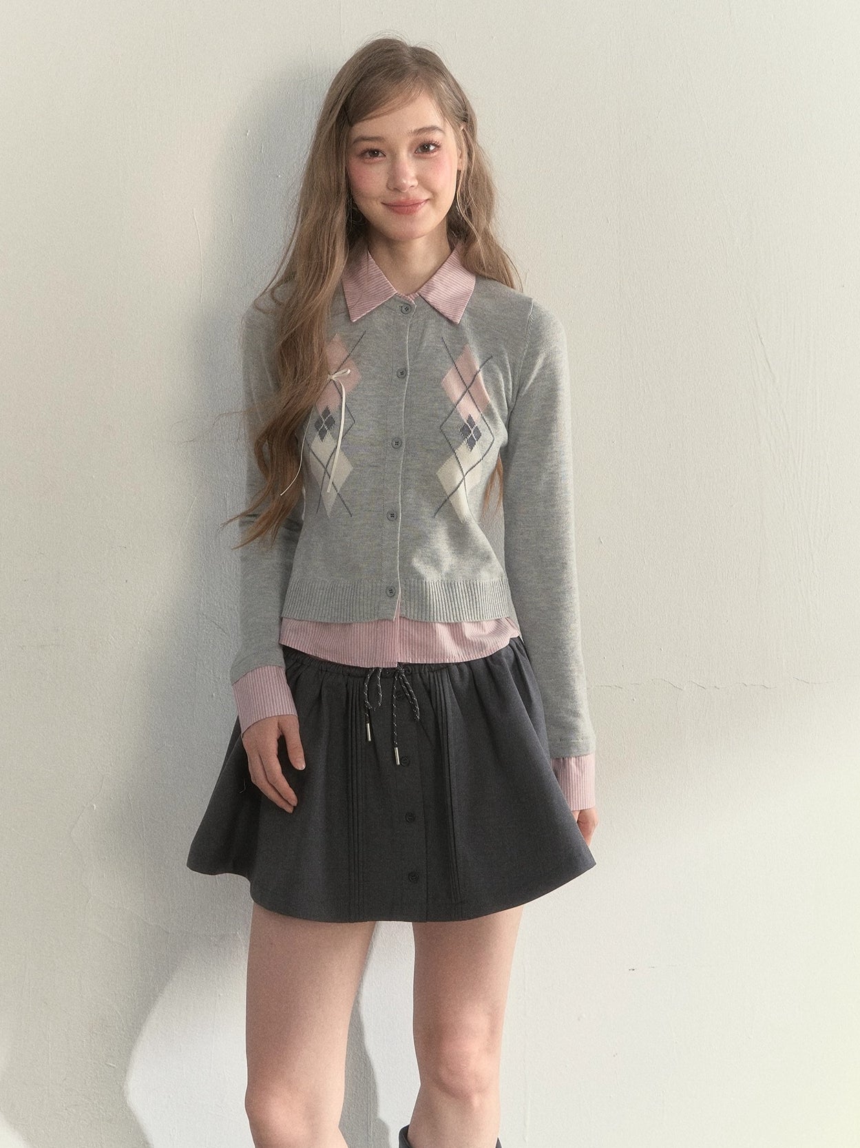 Layered Argyle Shirt Collar Knit Cardigan