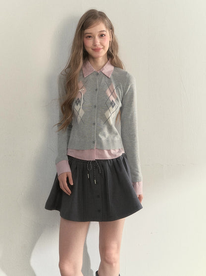 Layered Argyle Shirt Collar Knit Cardigan