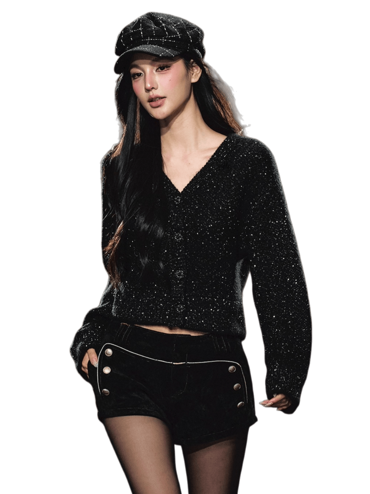 Shimmer V-Neck Sequin Detail Knit Cardigan