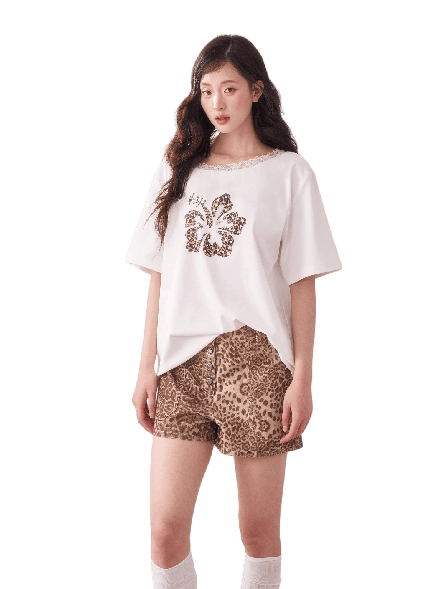 Leopard Rhinestone One-Shoulder T-Shirt