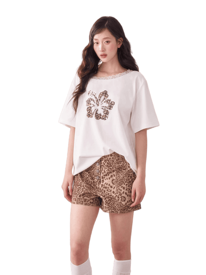 Leopard Rhinestone One-Shoulder T-Shirt