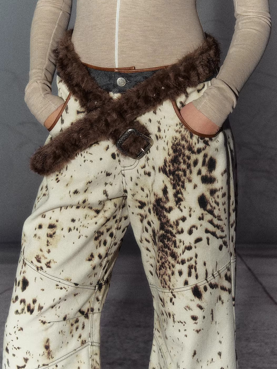 American Leopard Print Wide-Leg Denim Pants