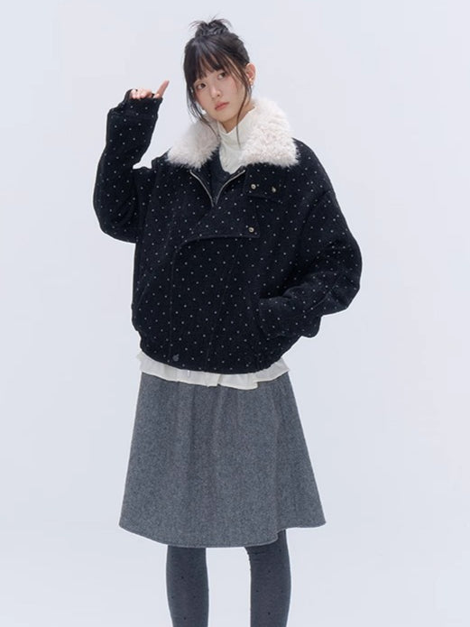 Fur Collar Polka Dot Quilted Jacket