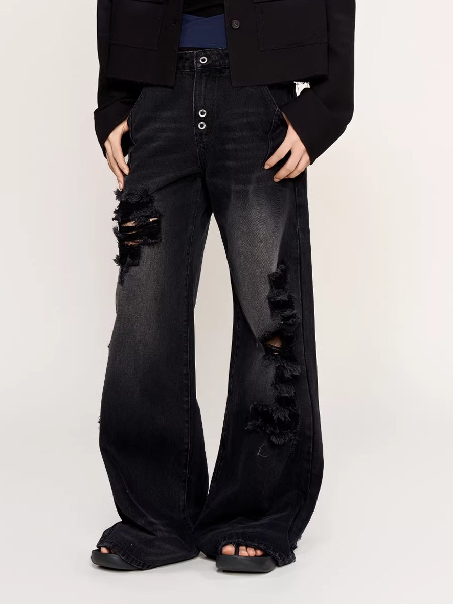 Black-Whisker Straight-Leg Denim Jeans