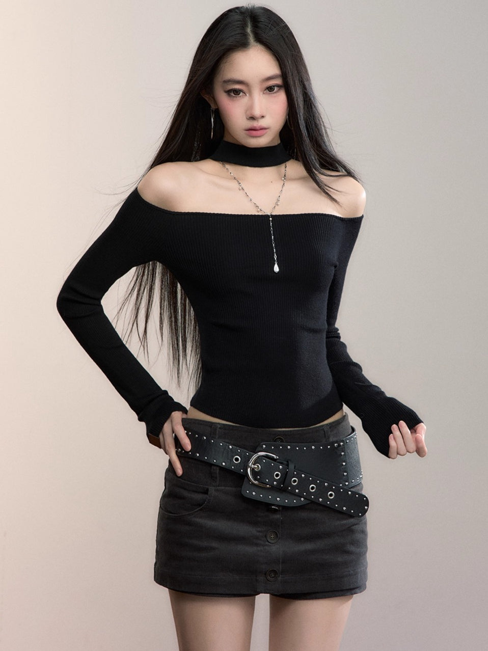 Reversible Cold-Shoulder Knit Turtleneck