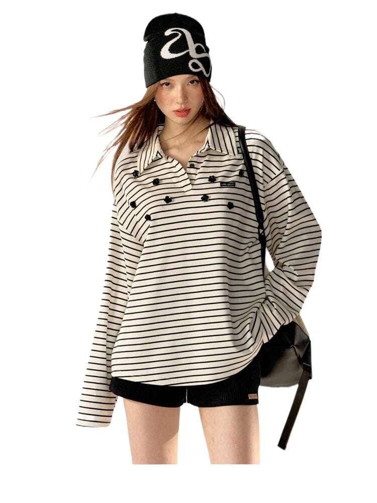 Striped Floral Collar Polo Long Sleeve Shirt