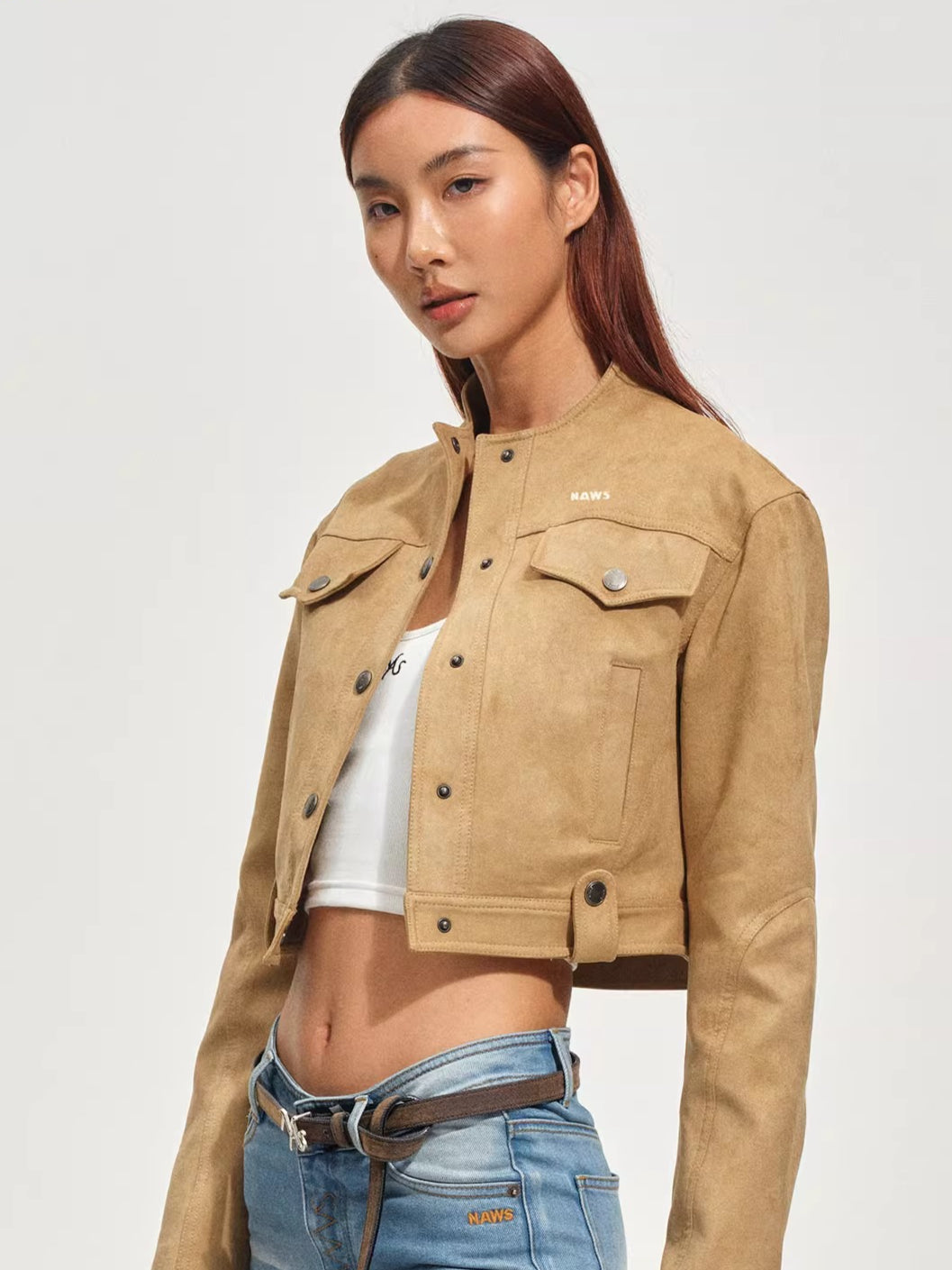 Soft Faux Suede Stand-Collar Cropped Jacket