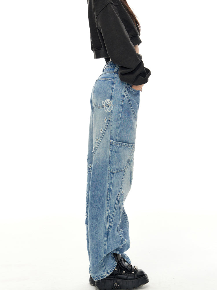 Distressed Wash Straight Jeans