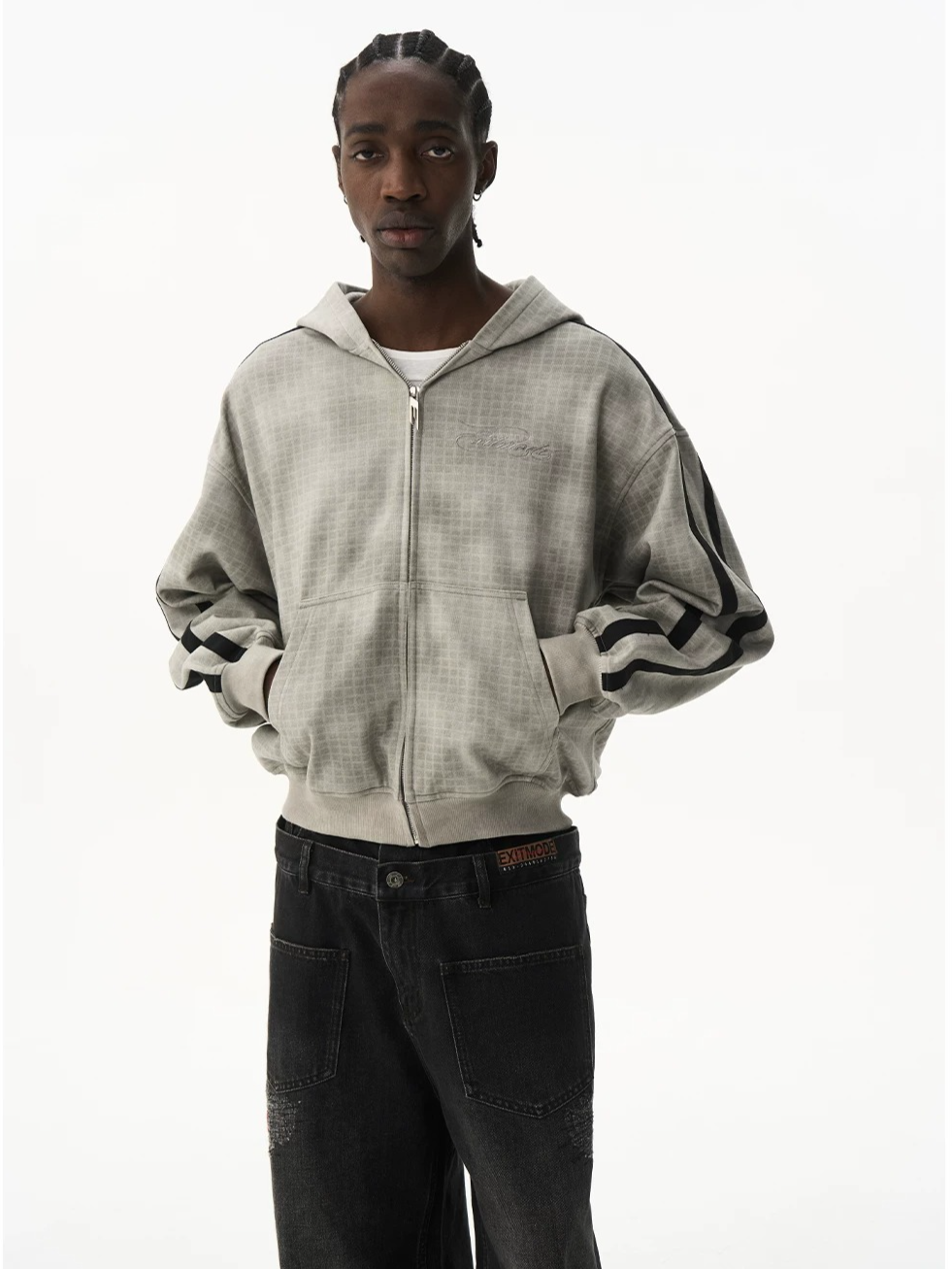 Distressed Vintage Embroidered Plaid Hoodie Jacket