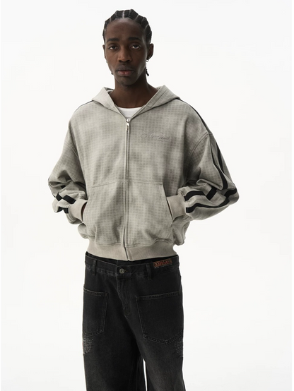 Distressed Vintage Embroidered Plaid Hoodie Jacket