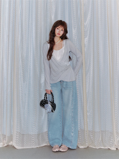 Lyocell Washed Rhinestone Curved-Leg Wide Denim Pants