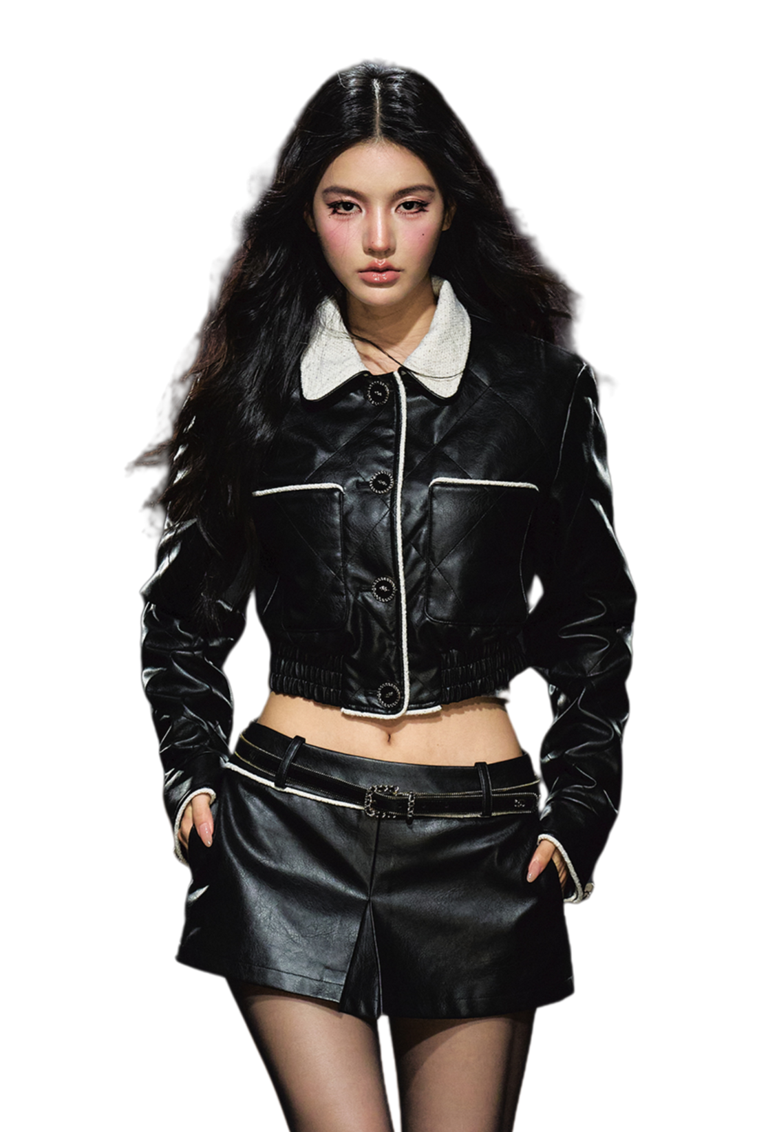 Contrast Trim Quilted Leather Jacket &amp; Skirt Set