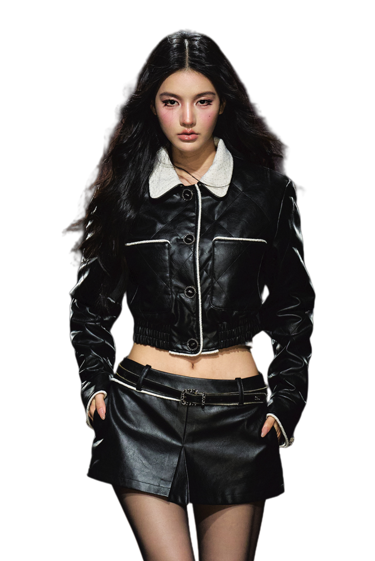 Contrast Trim Quilted Leather Jacket &amp; Skirt Set