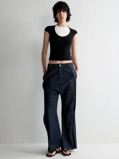 Deep U-Neck Ruffled Short Sleeve T-shirt