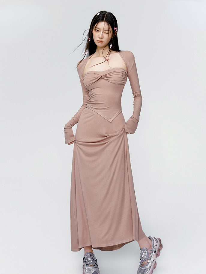 Pink-Grey Square-neck Long Sleeve &amp; Midi Skirt Set - CHINASQUAD