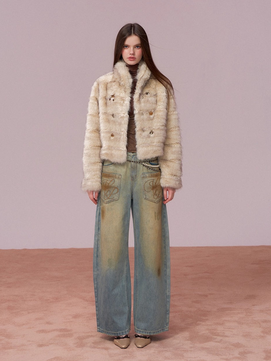 Double-Breasted Faux-Fur Short Jacket