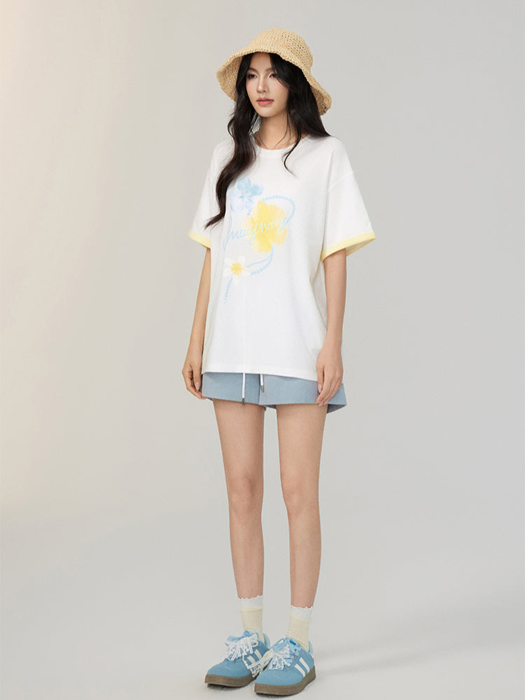 White Contrast-Color Cooling Floral T-shirt