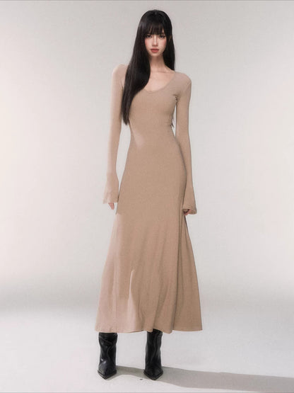 V-Neck Waist-Defining Knit Maxi Dress