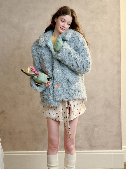 Cream Strawberry Gray-Blue Fur Jacket