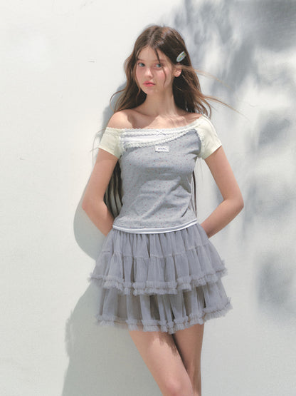 Off-shoulder Fake Three-piece Asymmetric Shoulder T - shirt - CHINASQUAD
