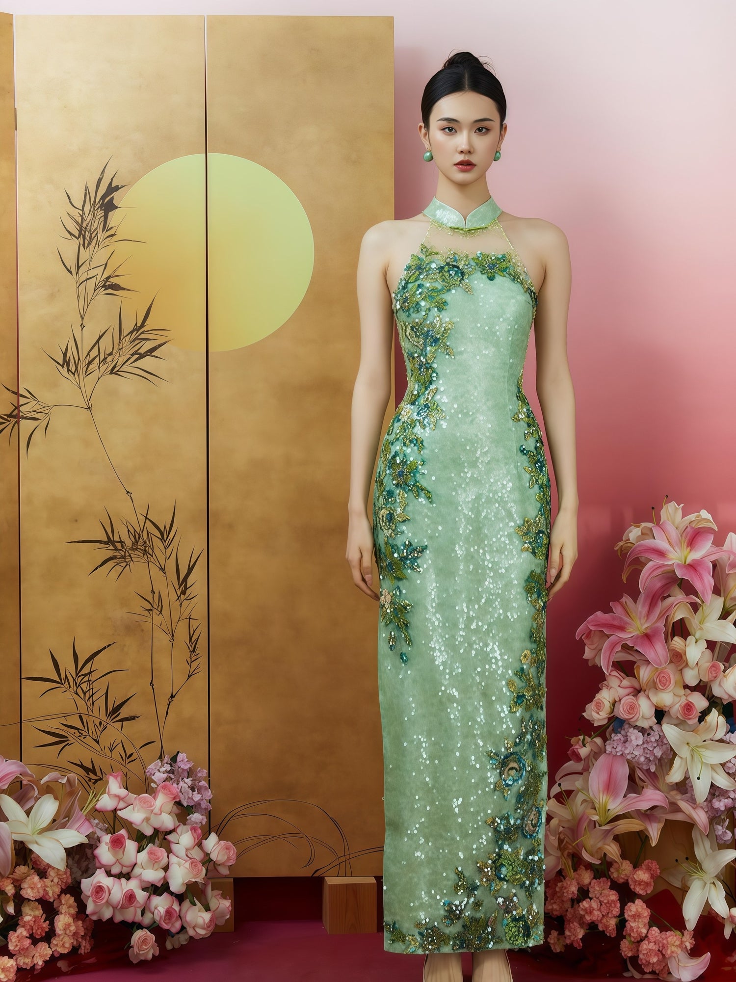 Jade Bloom Embroidered Halterneck Slit Gown with Ruffled Tulle Sleeves