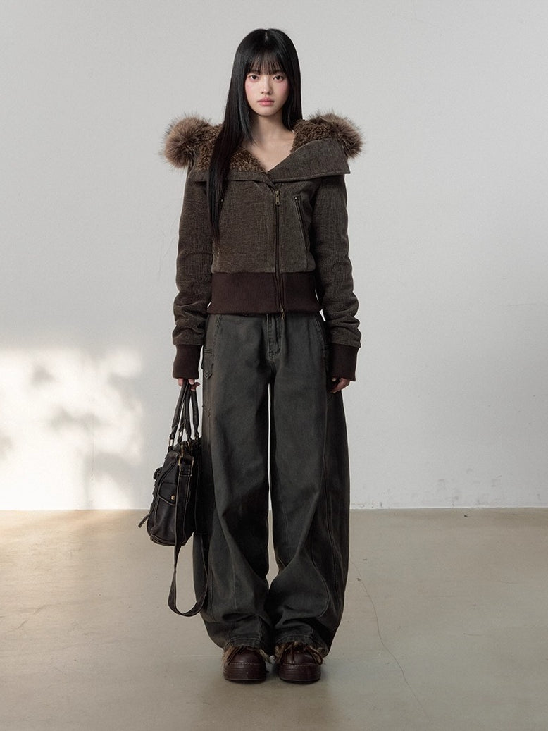 Vintage-Wash Curved Wide-Leg Pants