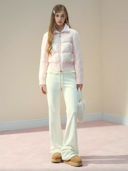 Cream Knit-Panel Down Jacket