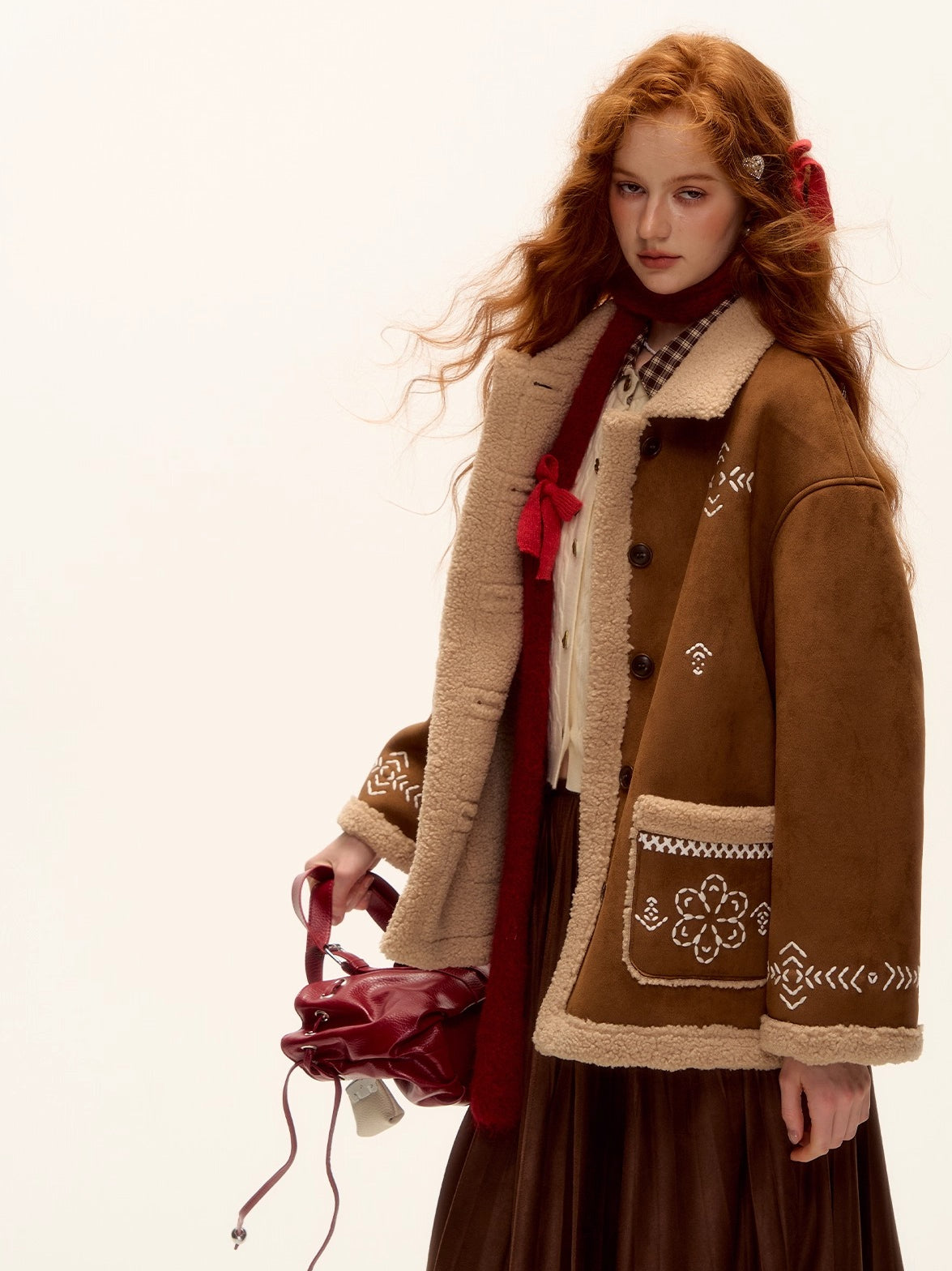 Heavy Embroidered Faux Shearling Suede Jacket