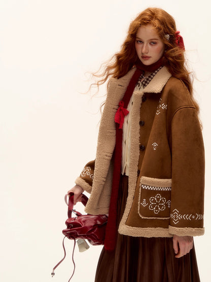 Heavy Embroidered Faux Shearling Suede Jacket