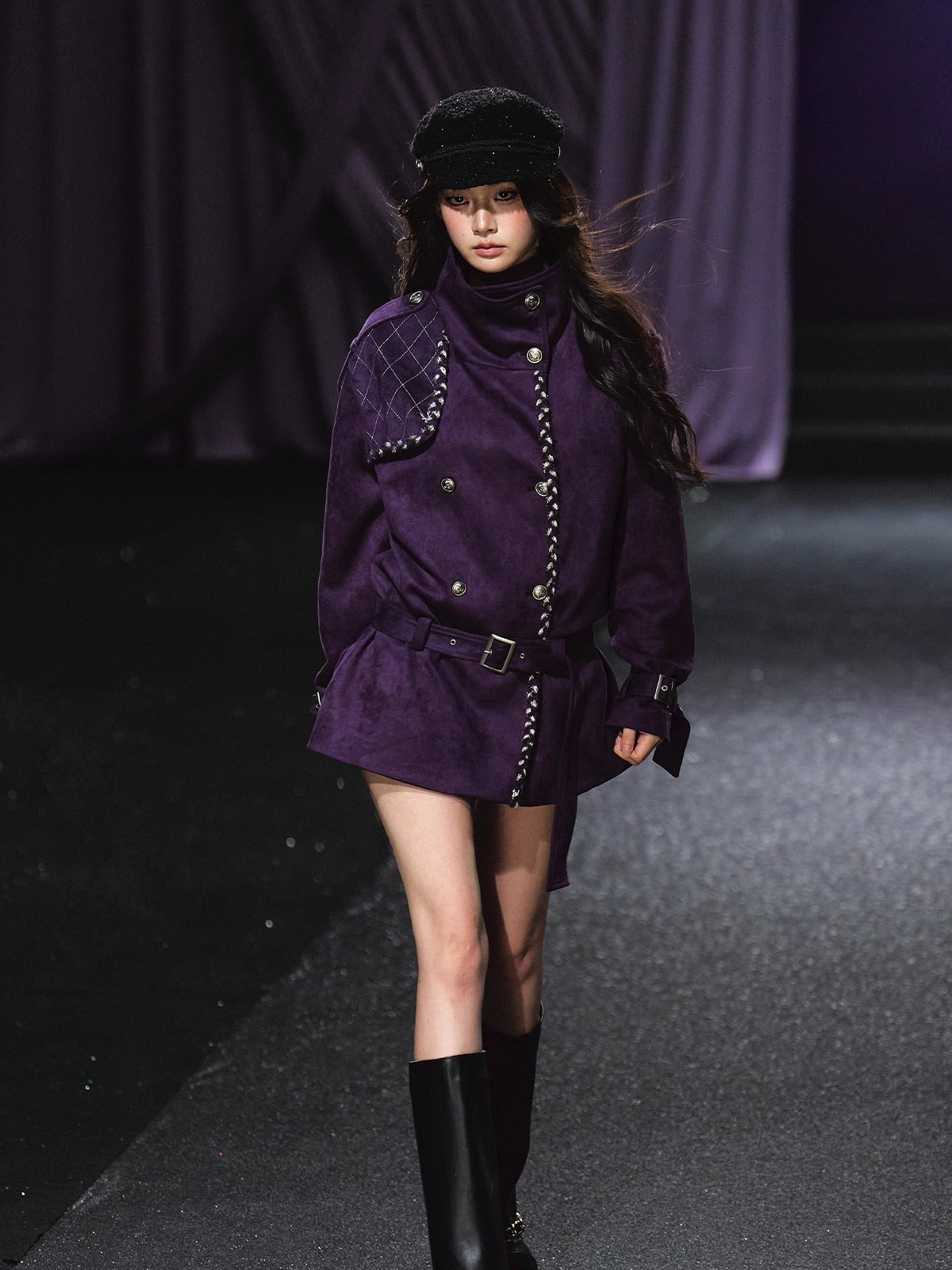 Purple Suede Stand-Collar Trench Jacket