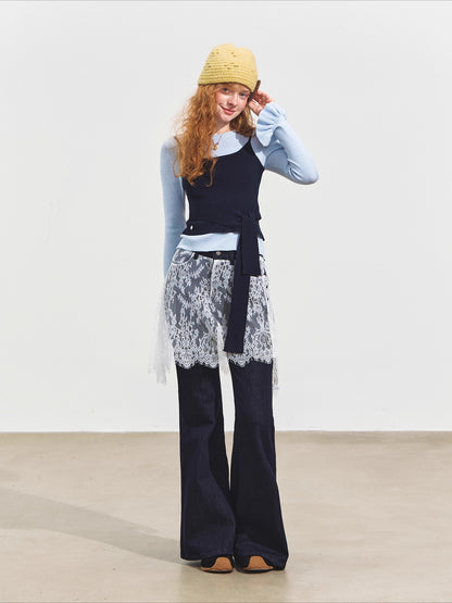 Faux Two-Piece Contrast Tie Sweater