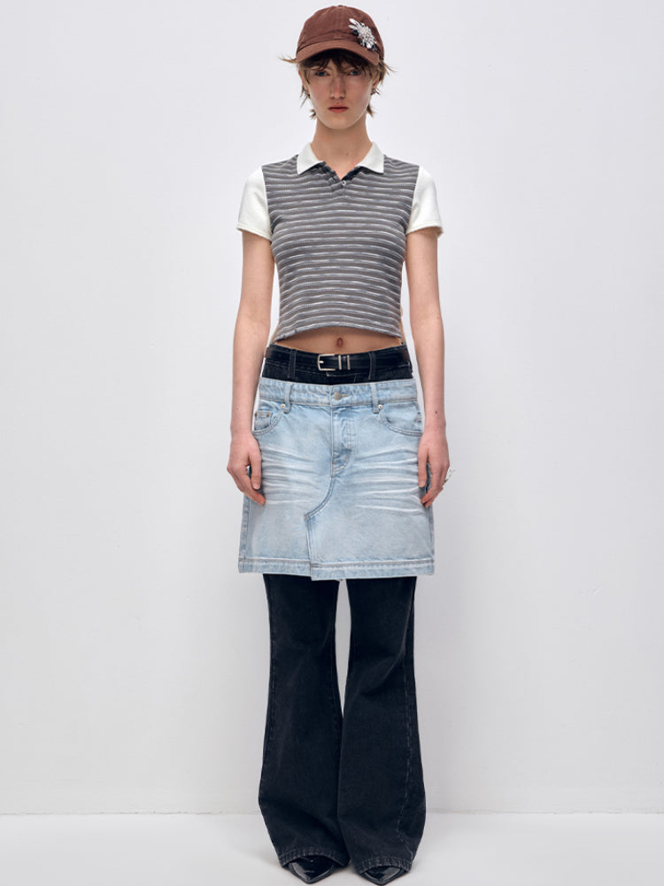 Color Block PatchworkFake Two-Piece Denim Flared Skirt Pants