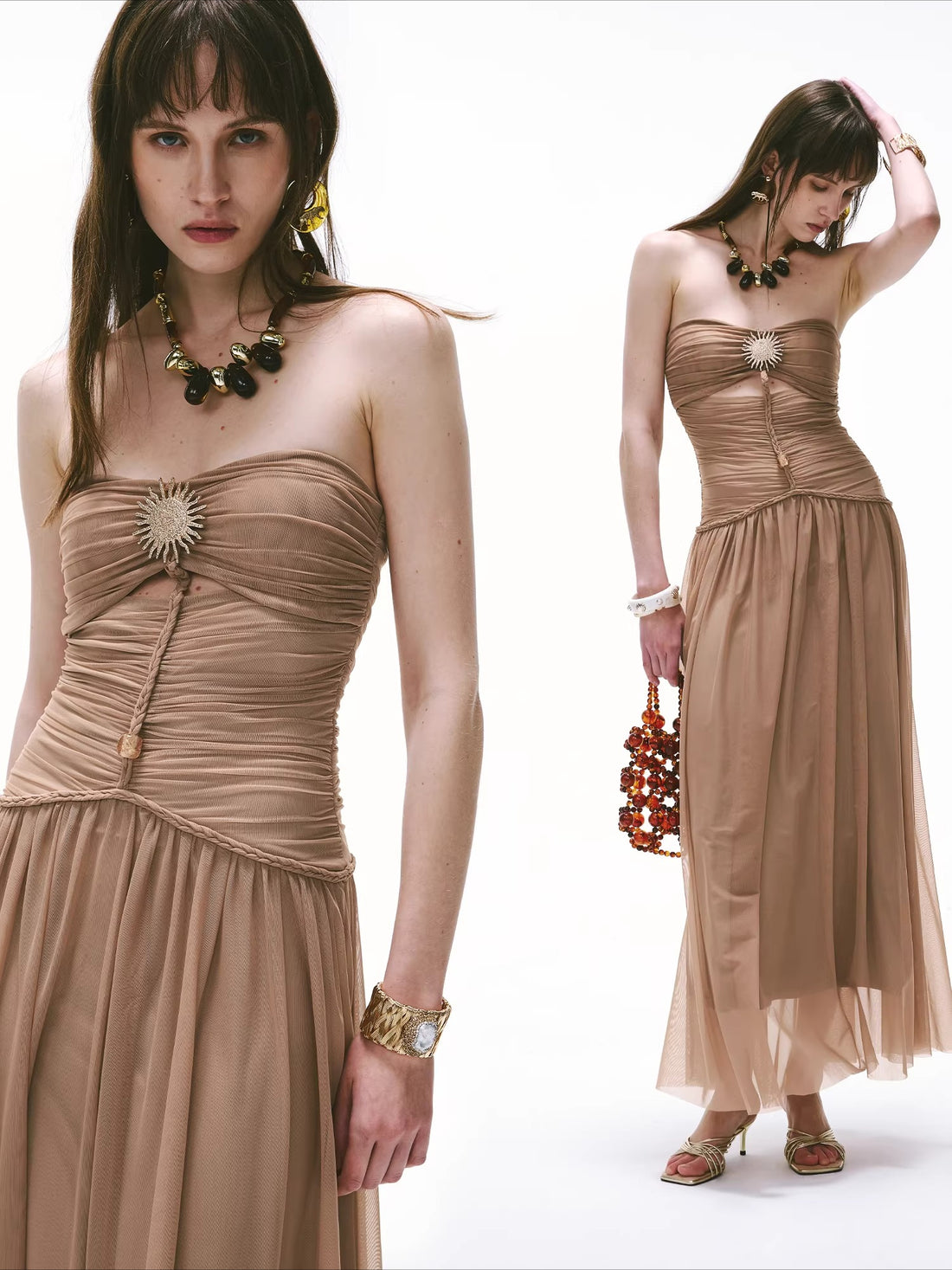 Cool-Goddess Strapless Braided Ruched Maxi Dress