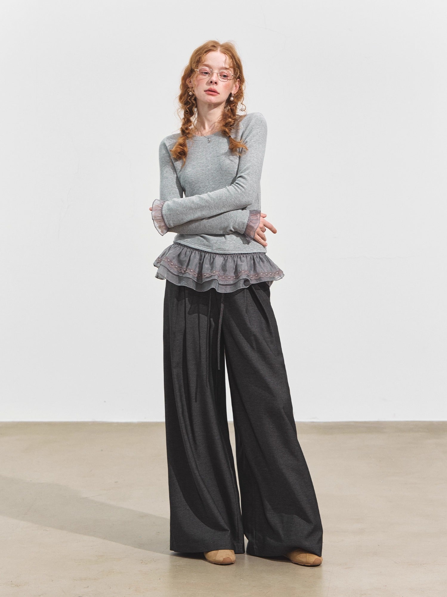 Double-Layer Ruffle Raglan Sleeve Fleece T-Shirt