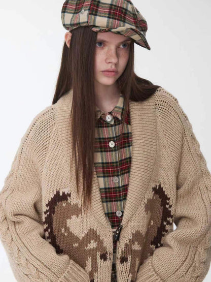 Pony Jacquard Horn-Button Chunky Cardigan