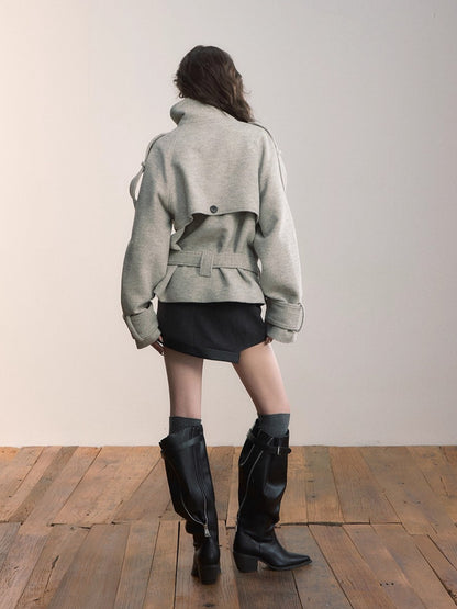 Contrast Double-Breasted Wool-Blend Belted Jacket