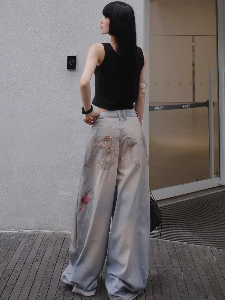 3D Ocean Print Oversized Denim Pants