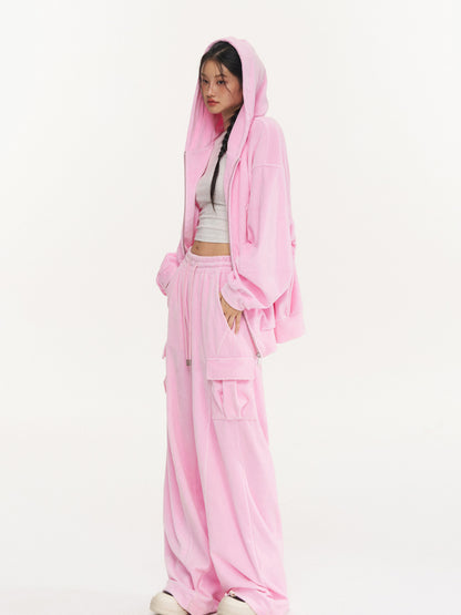 Pink Velvet Relaxed Wide-Leg Pants