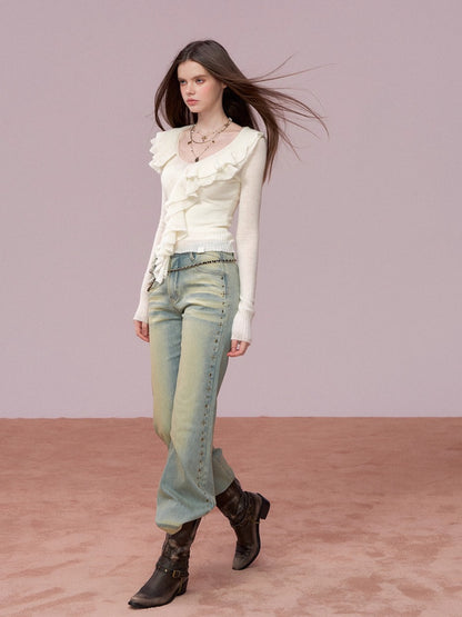 Straight-Leg Washed Denim Pants